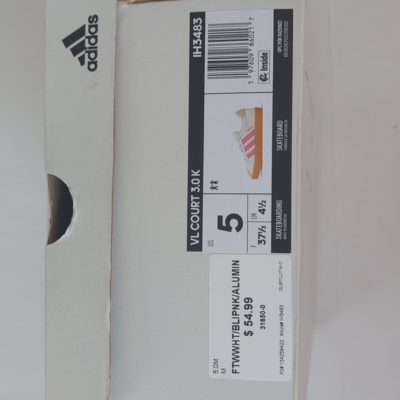 Adidas VL Court 3.0 Skateboard Lace-Up Leather Sneakers Big Girl 5 White Pink - Picture 3 of 16